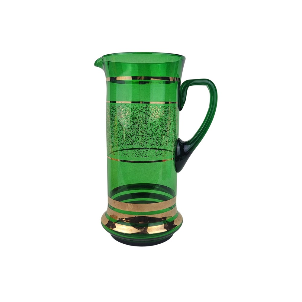 Vintage Emerald Green Glass Pitcher with Gold Banded Accents Mid Century Modern